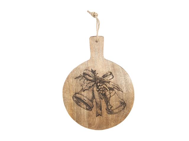 10" MANGO WOOD ROUND ETCHED CHEESE BOARD (BELLS W/ RIBBON)